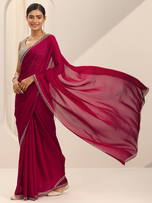 Red Solid Satin Saree With Unstitched Blouse Piece