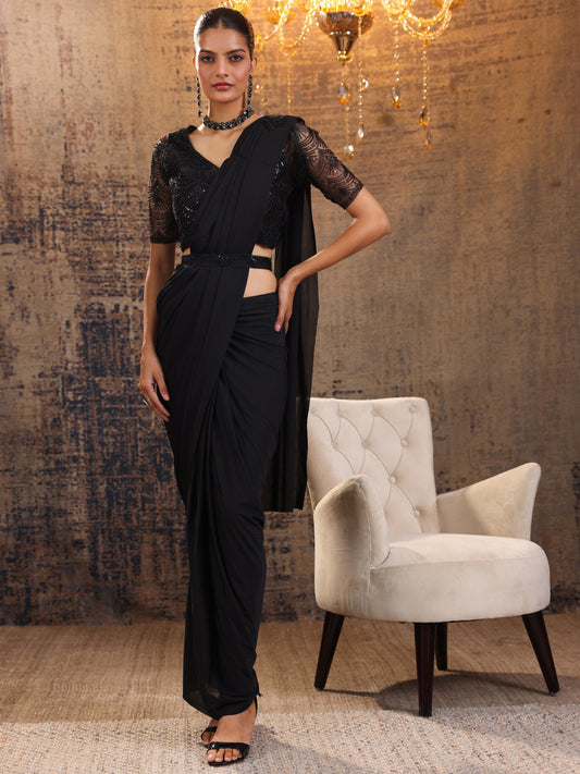 Libas Art Black Solid Nylon With Ready to Wear Saree