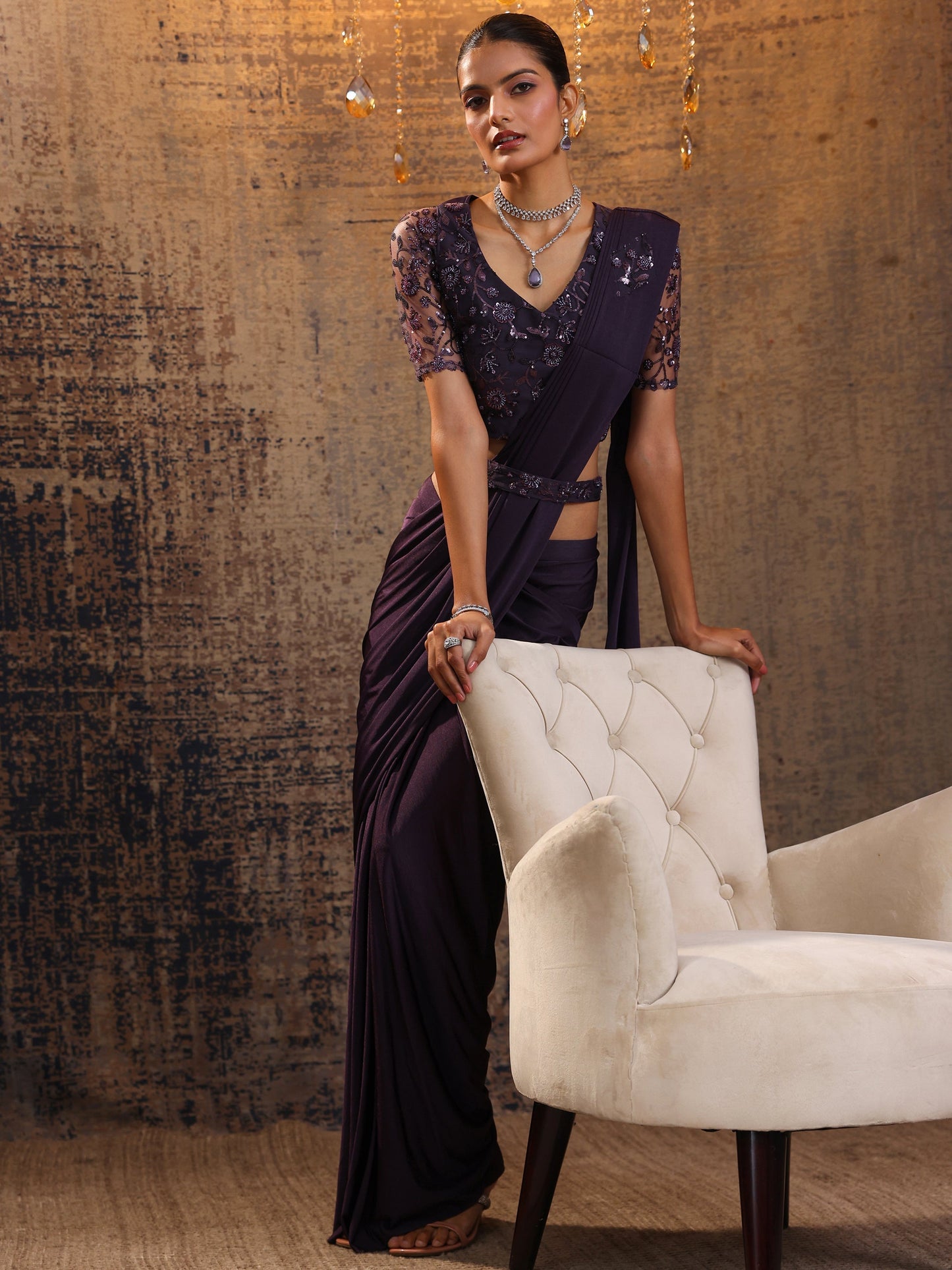 Libas Art Purple Printed Nylon Ready to Wear Saree