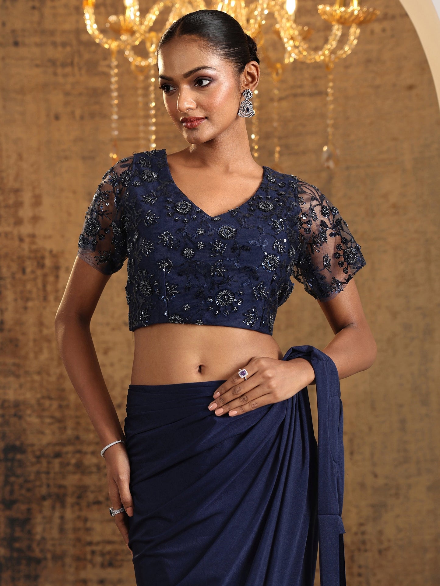 Libas Art Navy Blue Embellished Nylon Ready to Wear Saree