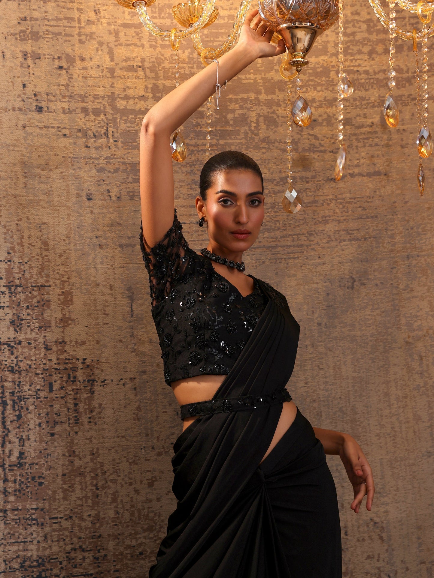 Libas Art Black Solid Nylon Ready to Wear Saree