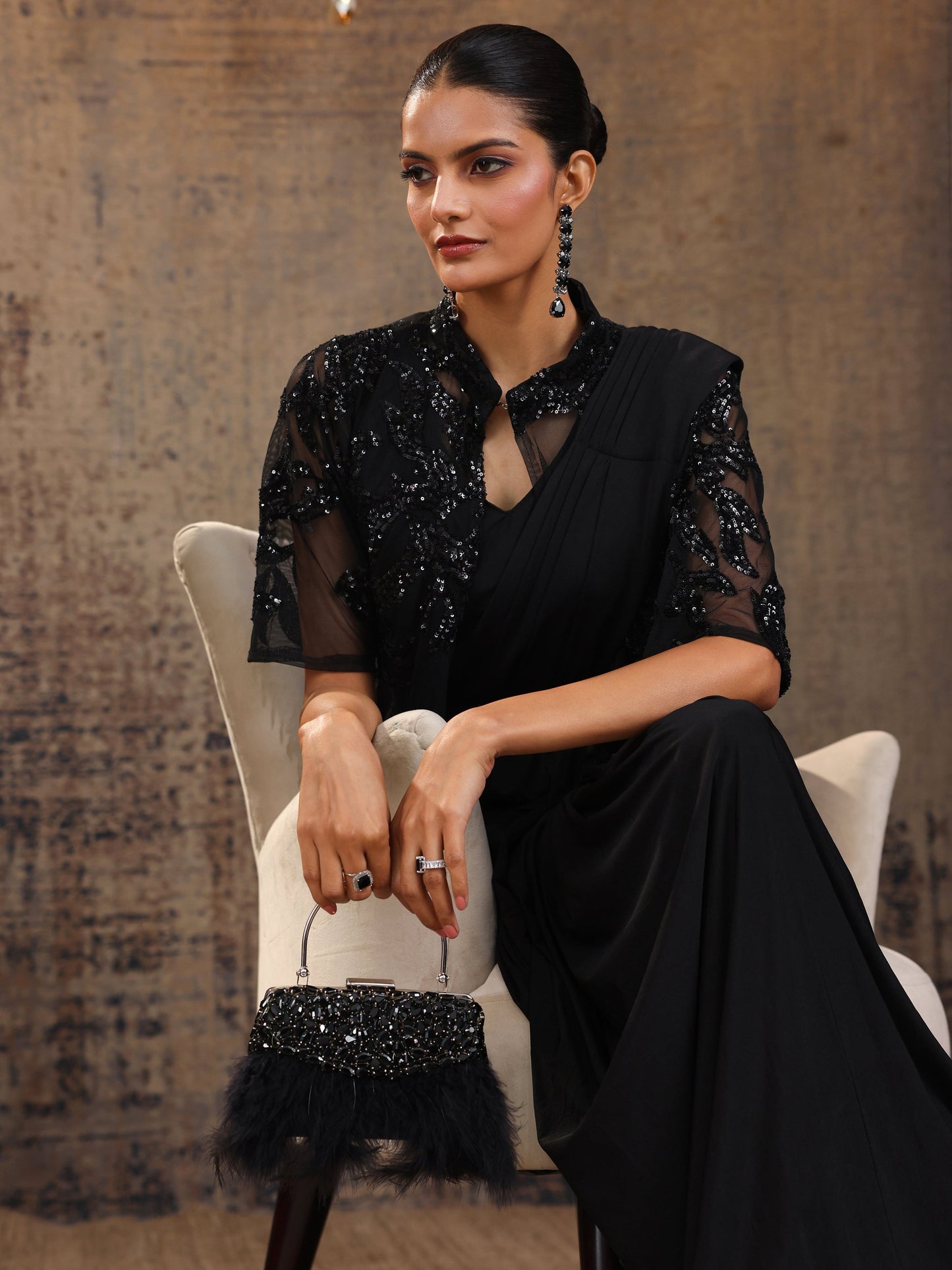 Libas Art Black Embellished Nylon Ready to Wear Saree