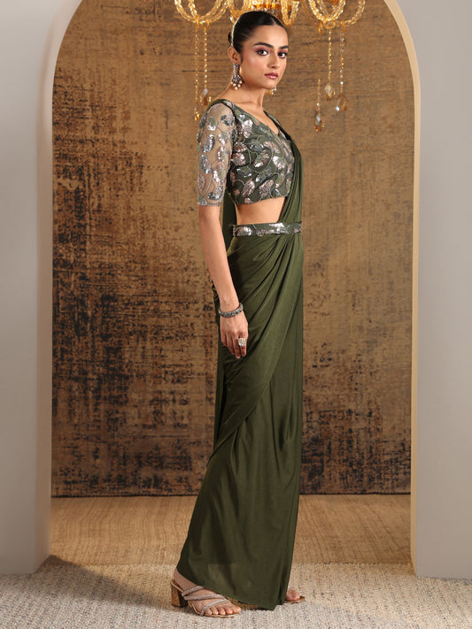 Libas Art Green Solid Nylon Ready to Wear Saree