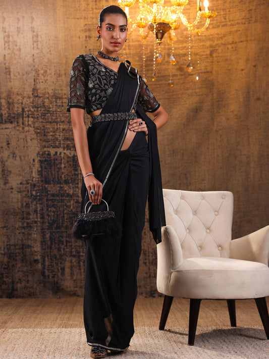 Libas Art Black Solid Nylon Ready to Wear Saree