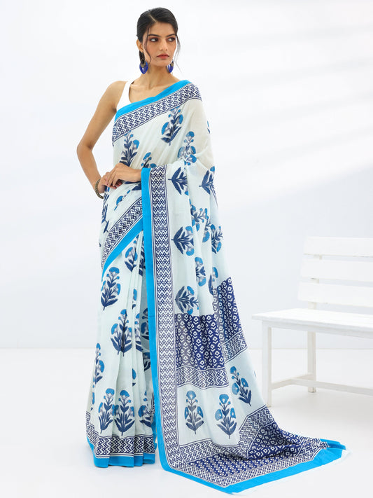 White Printed Cotton Saree With Unstitched Blouse Piece