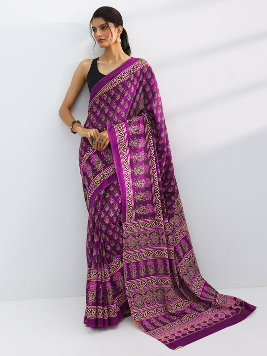 Burgundy Printed Cotton Saree With Unstitched Blouse Piece