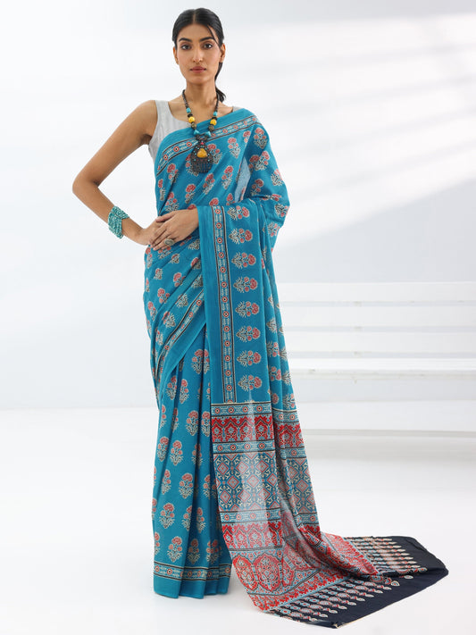 Turquoise Blue Printed Cotton Saree With Unstitched Blouse Piece