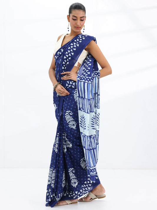 Blue Solid Cotton Saree With Unstitched Blouse Piece