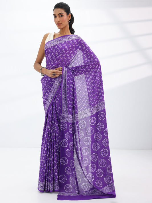 Purple Embellished Cotton Saree With Unstitched Blouse Piece