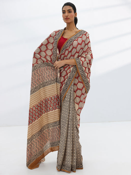Rust Embellished Cotton Saree With Unstitched Blouse Piece