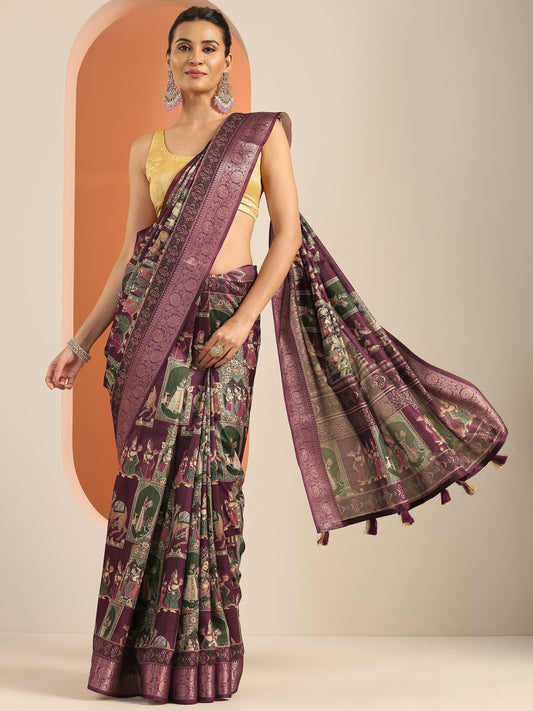 Burgundy Kalamkari Printed Silk Blend Saree With Unstitched Blouse Piece