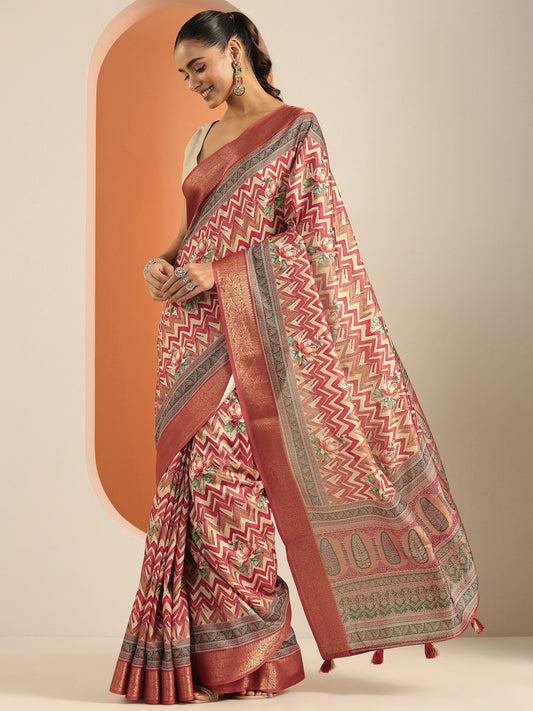 Rust Printed Silk Blend Saree With Unstitched Blouse Piece