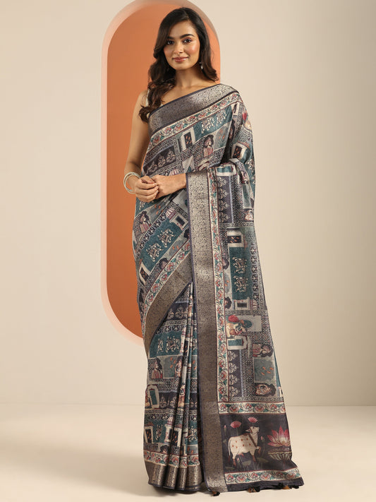 Multi Printed Silk Blend Saree With Unstitched Blouse Piece