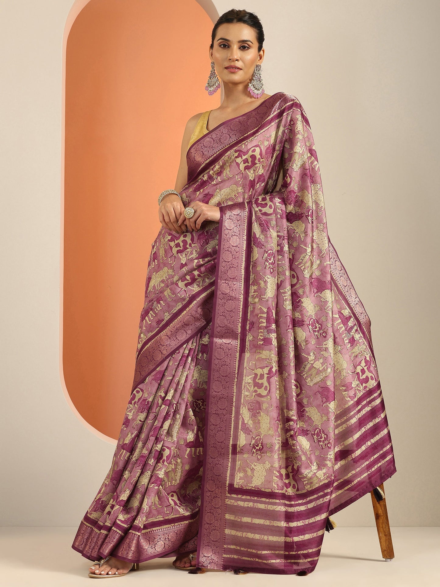 Mauve Printed Silk Blend Saree With Unstitched Blouse Piece