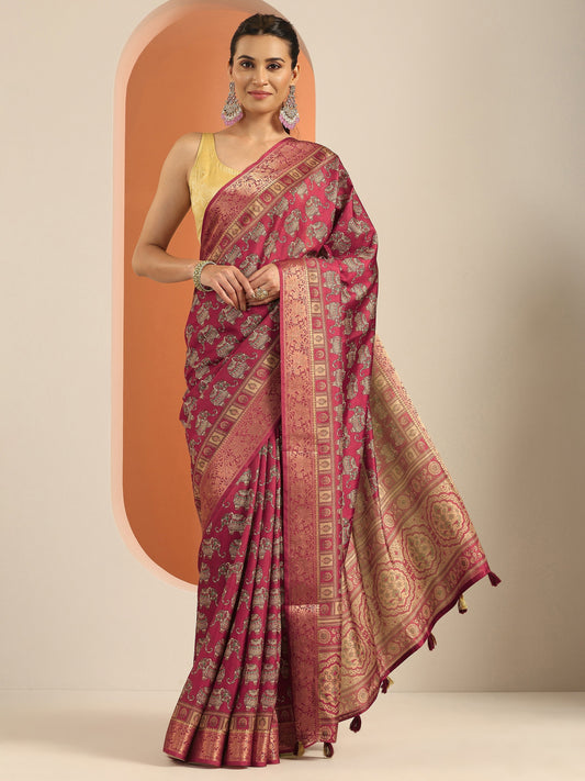 Red Printed Silk Blend Saree With Unstitched Blouse Piece