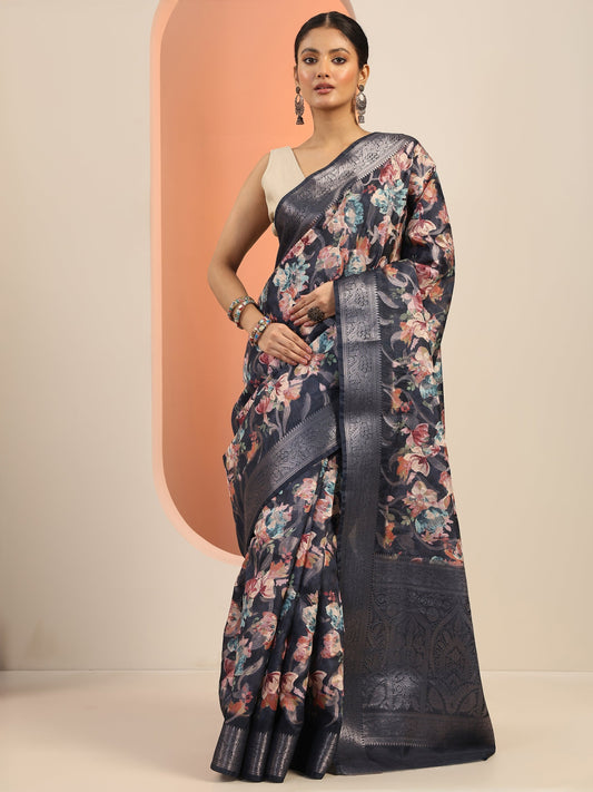 Navy Blue Printed Silk Blend Saree With Unstitched Blouse Piece