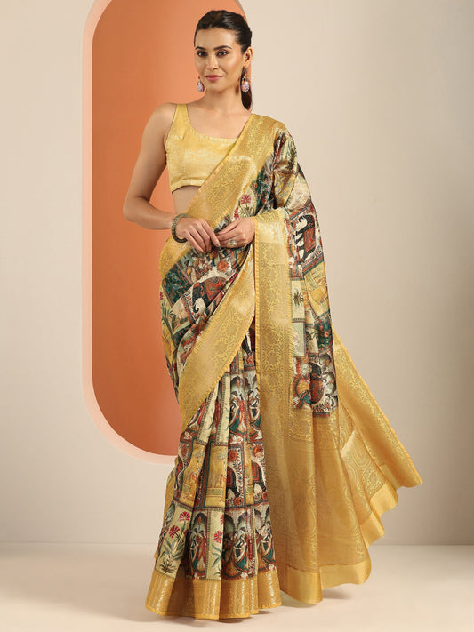 Mustard Printed Silk Blend Saree With Unstitched Blouse Piece