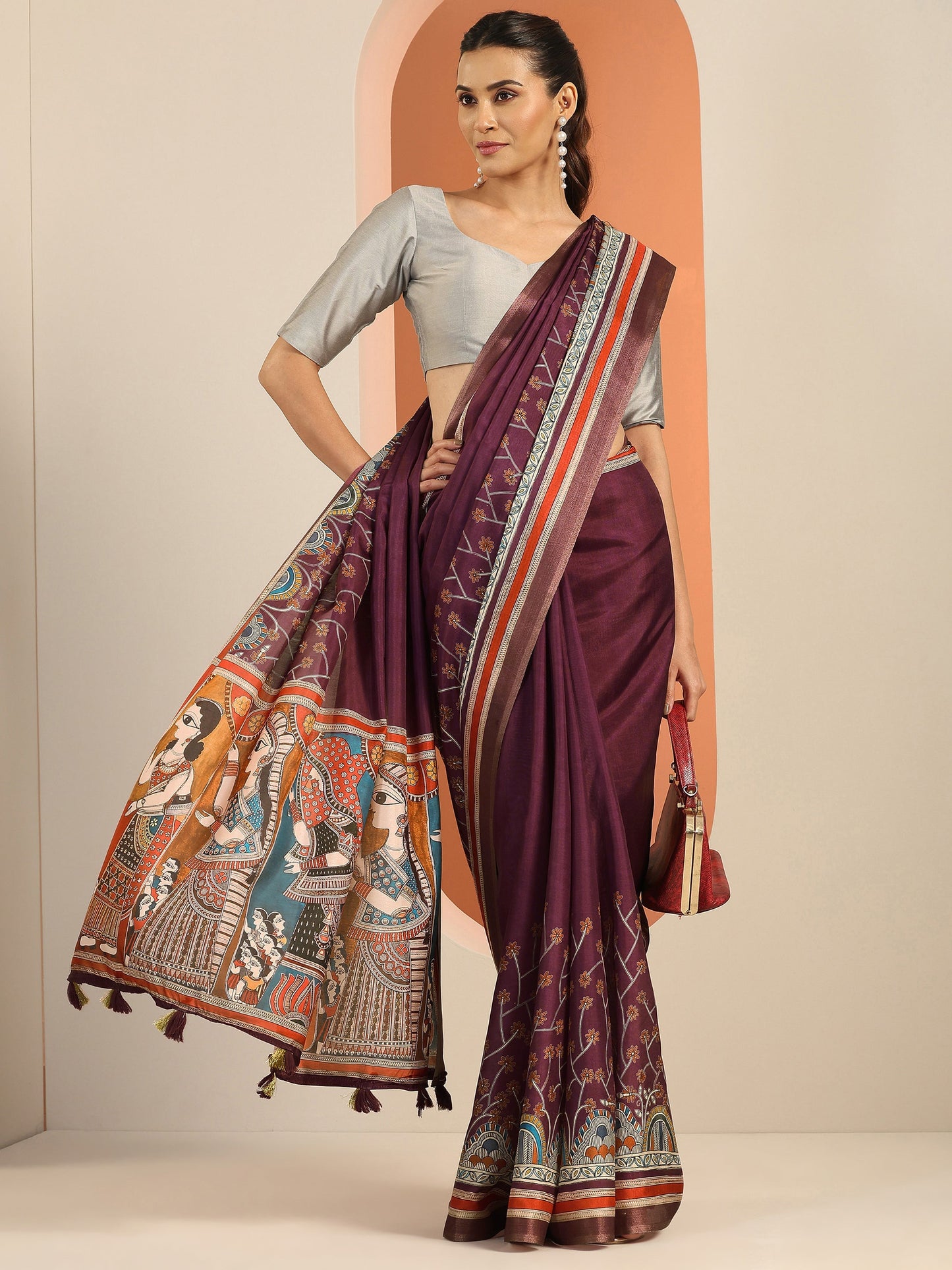 Burgundy Solid Silk Blend Saree With Unstitched Blouse Piece