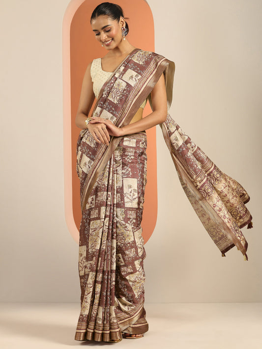 Taupe Printed Silk Blend Saree With Unstitched Blouse Piece