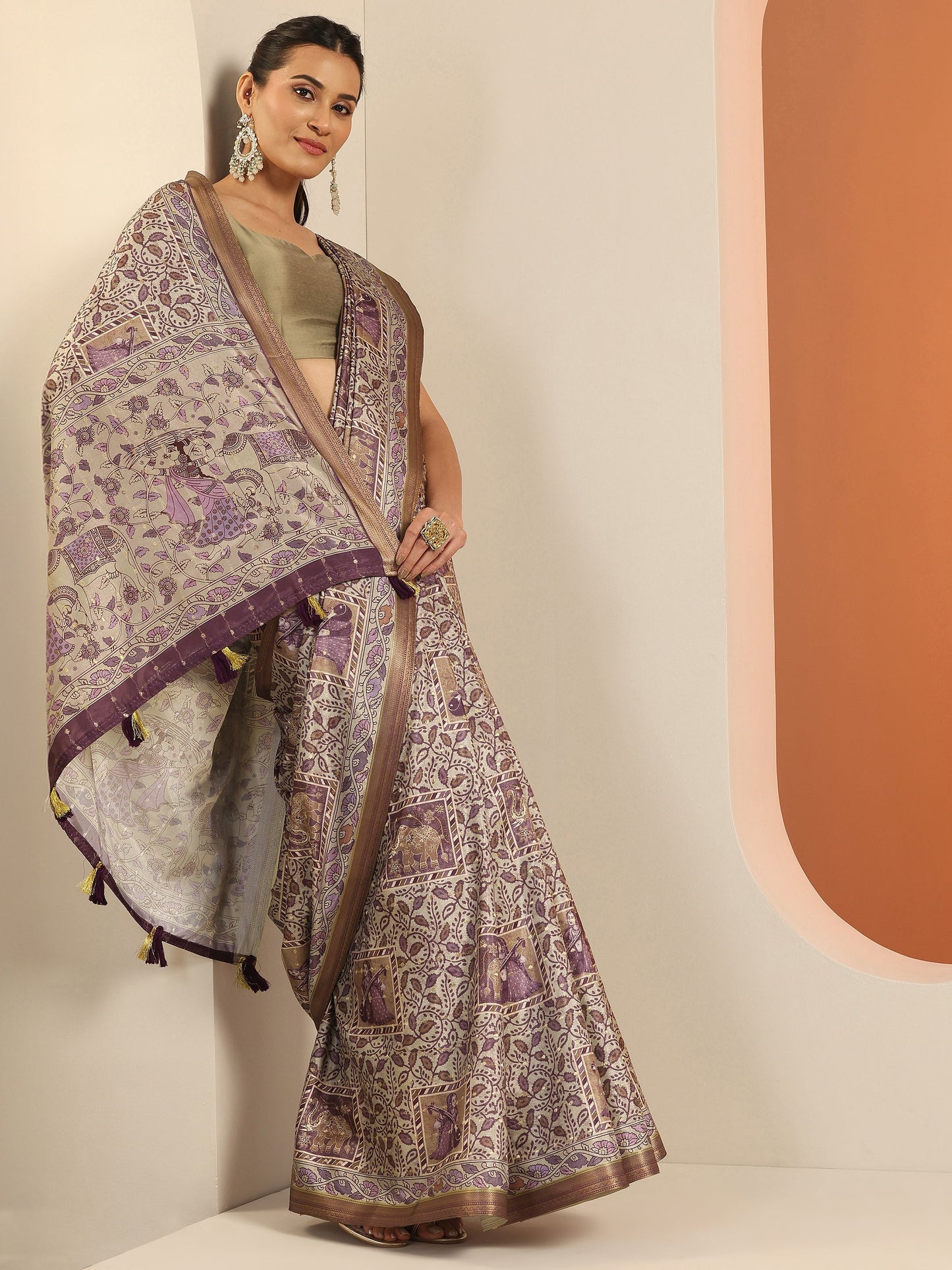 Mauve Printed Silk Blend Saree With Unstitched Blouse Piece