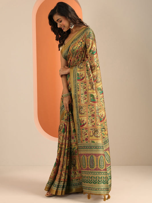 Mustard Kalamkari Printed Silk Blend Saree With Unstitched Blouse Piece