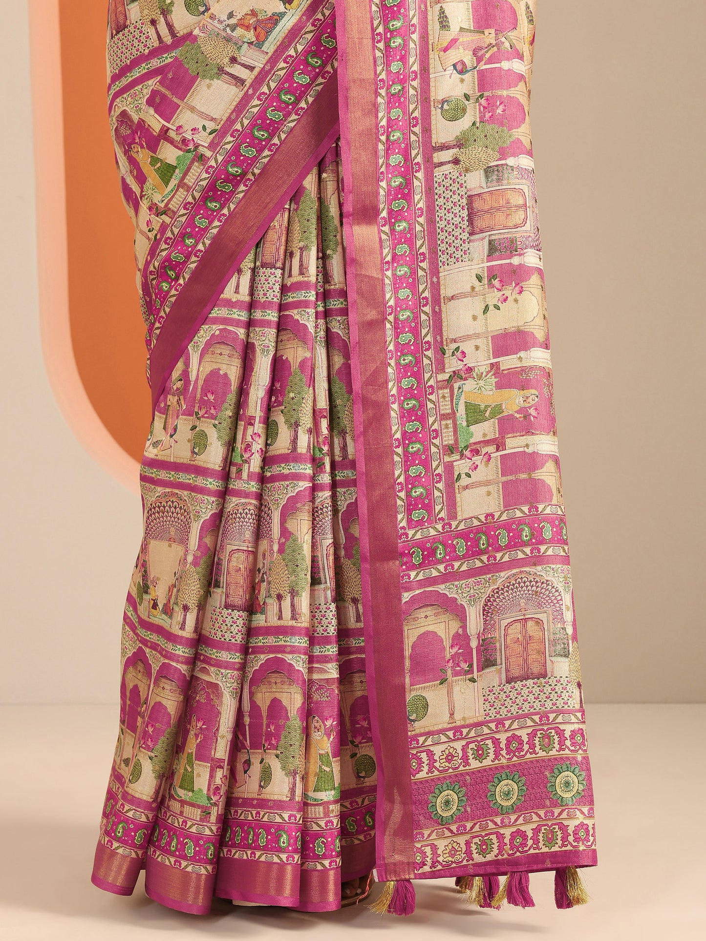 Pink Kalamkari Printed Silk Blend Saree With Unstitched Blouse Piece