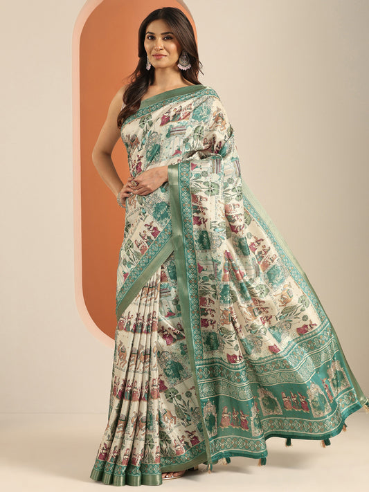 Blue Kalamkari Printed Silk Blend Saree With Unstitched Blouse Piece