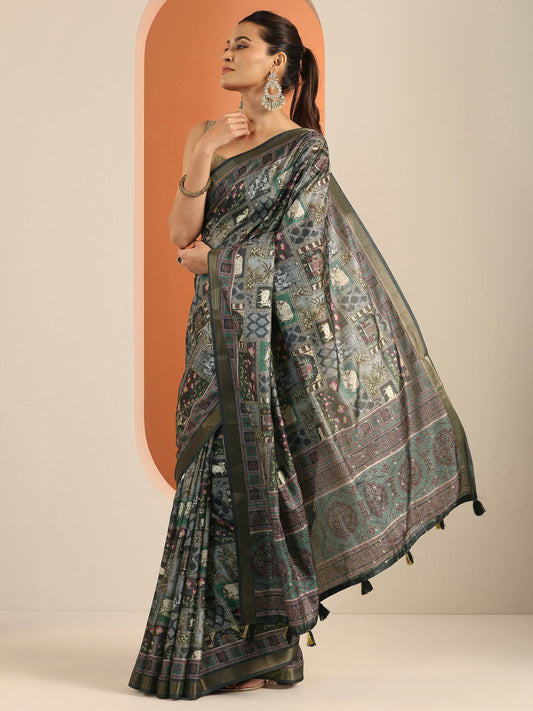 Grey Printed Silk Blend Saree With Unstitched Blouse Piece