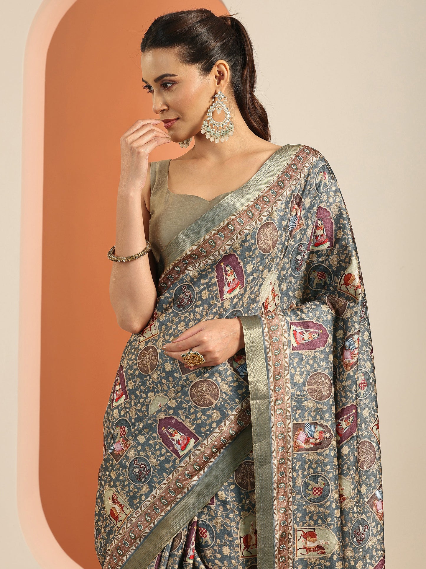 Blue Printed Silk Blend Saree With Unstitched Blouse Piece