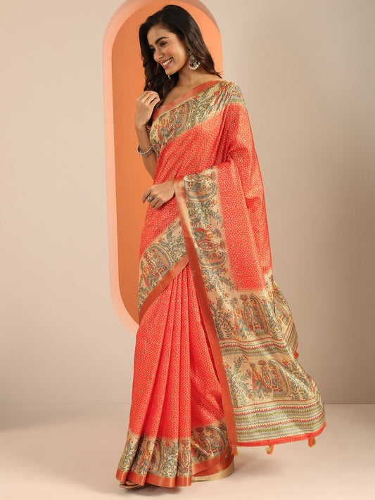 Orange Printed Silk Blend Saree With Unstitched Blouse Piece