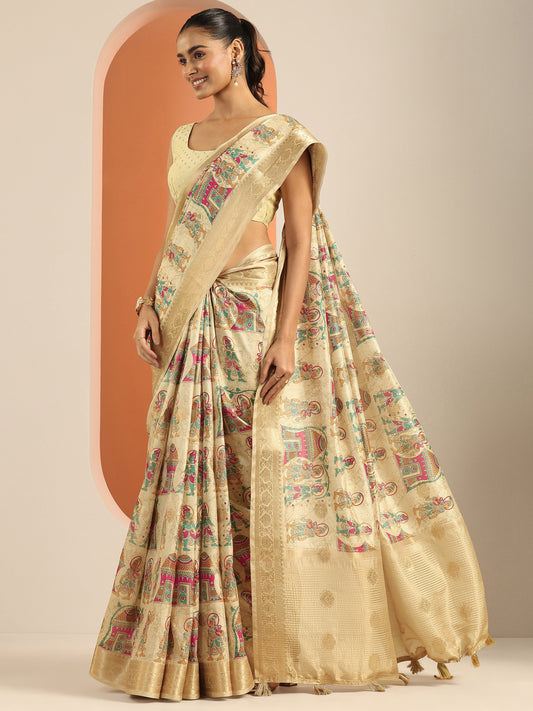 Beige Kalamkari Printed Silk Blend Saree With Unstitched Blouse Piece