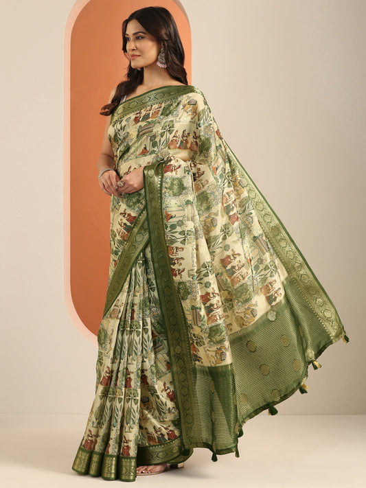 Green Printed Silk Blend Saree With Unstitched Blouse Piece