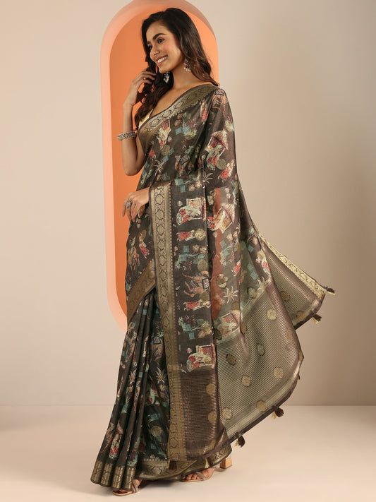 Brown Kalamkari Printed Silk Blend Saree With Unstitched Blouse Piece