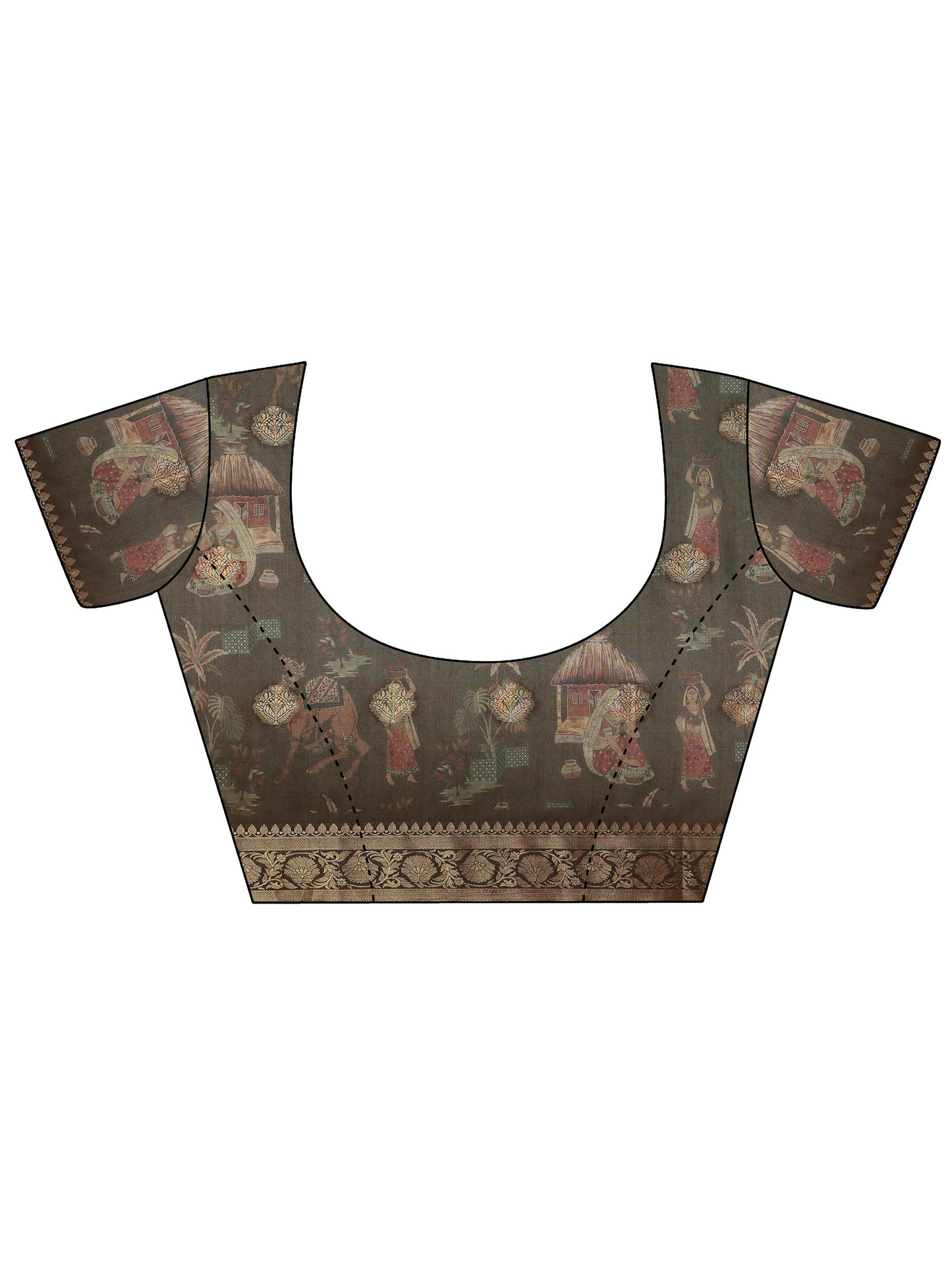 Brown Kalamkari Printed Silk Blend Saree With Unstitched Blouse Piece