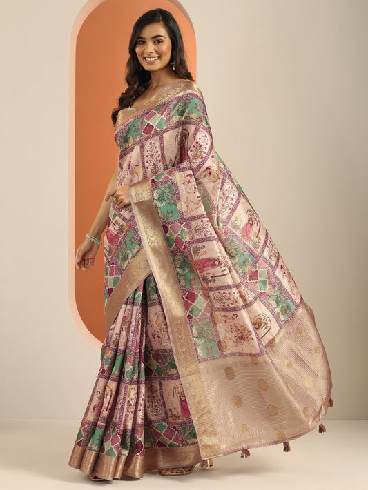 Multi Kalamkari Printed Silk Blend Saree With Unstitched Blouse Piece