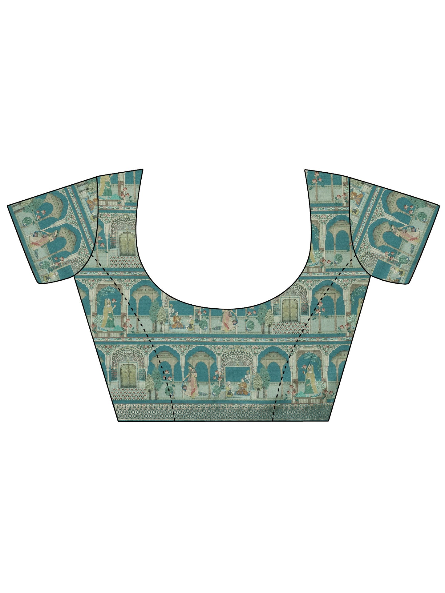 Teal Printed Silk Blend Saree With Unstitched Blouse Piece