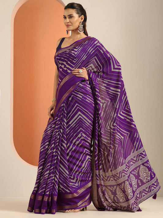 Purple Printed Georgette Saree With Unstitched Blouse Piece