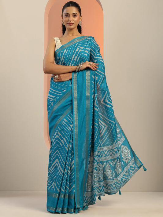 Teal Printed Georgette Saree With Unstitched Blouse Piece