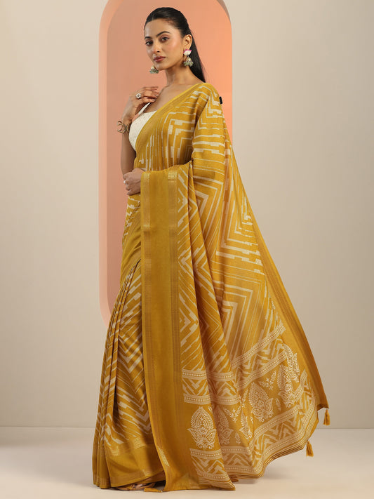 Mustard Printed Georgette Saree With Unstitched Blouse Piece