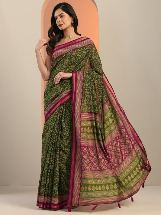 Green Printed Silk Blend Saree With Unstitched Blouse Piece