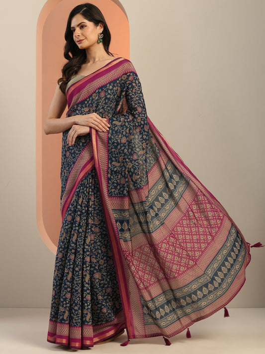 Teal Printed Silk Blend Saree With Unstitched Blouse Piece