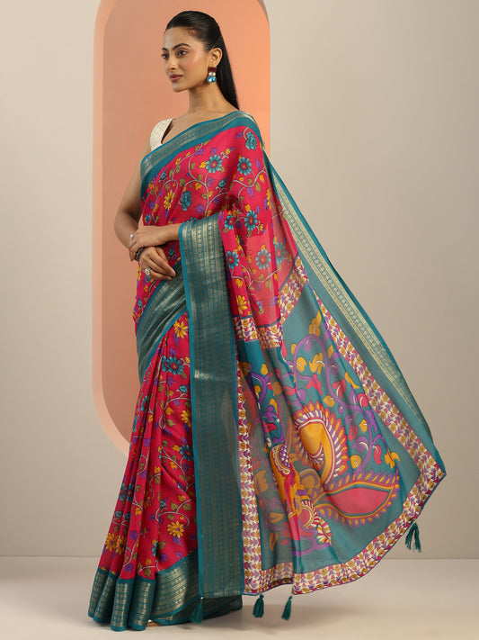 Pink Printed Georgette Saree With Unstitched Blouse Piece