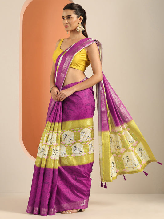 Purple Kalamkari Printed Georgette Saree With Unstitched Blouse Piece