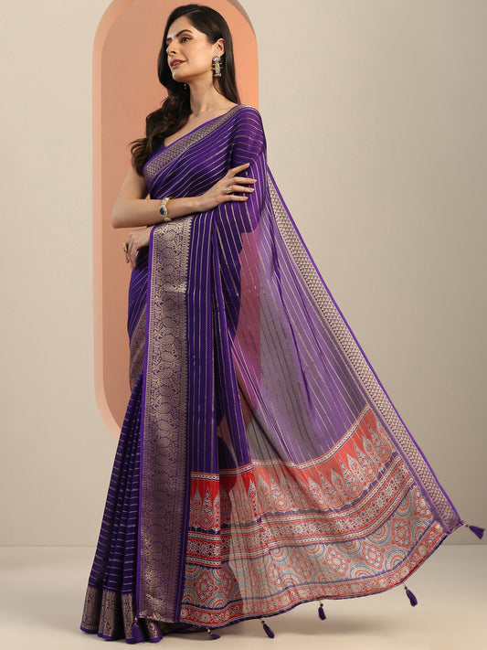 Purple Woven Design Georgette Saree With Unstitched Blouse Piece