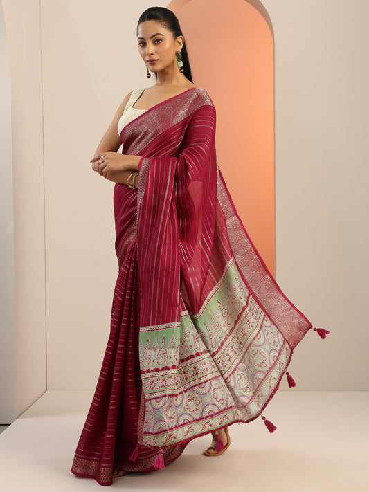 Burgundy Woven Design Georgette Saree With Unstitched Blouse Piece