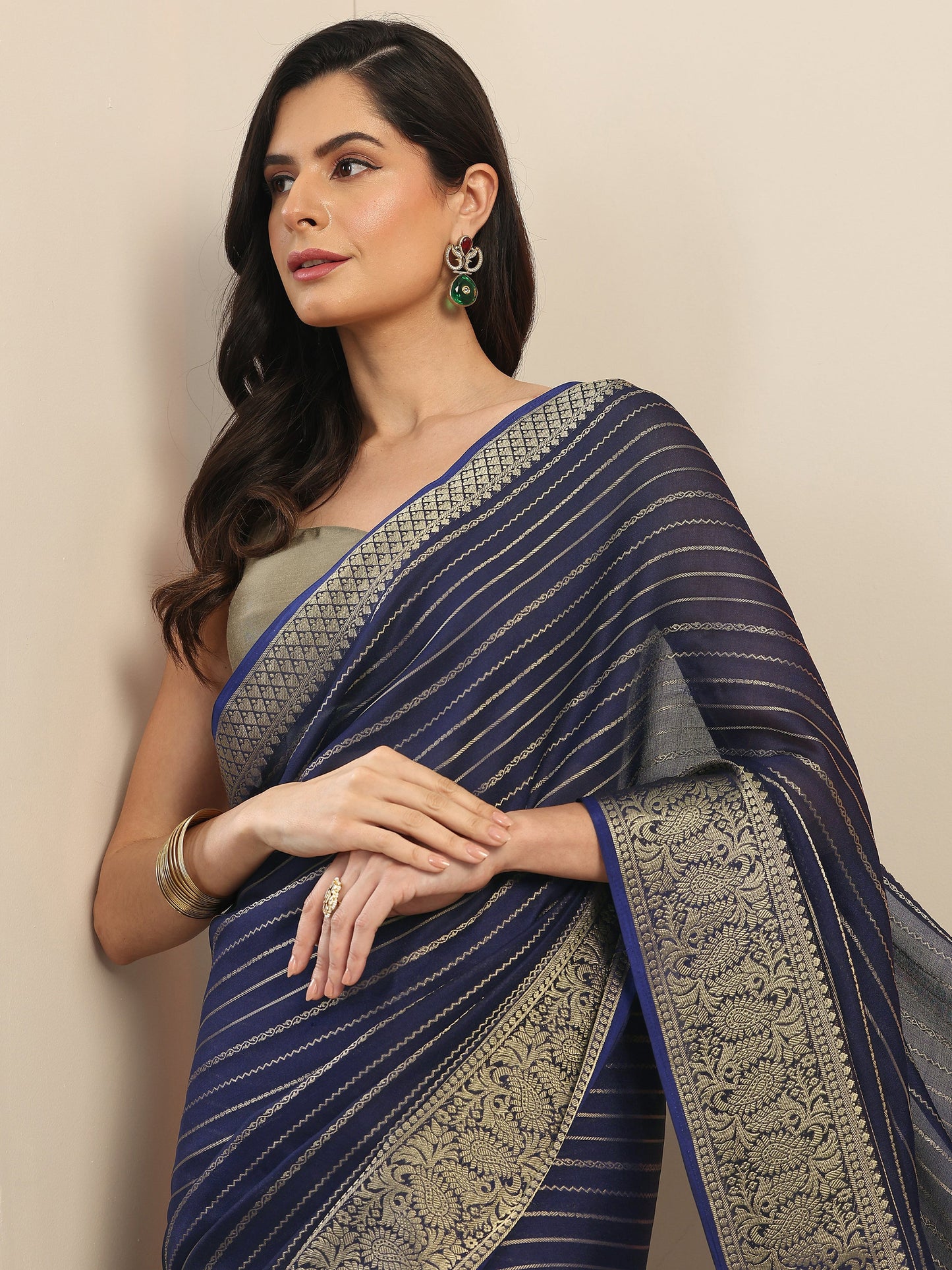 Navy blue Woven Design Georgette Saree With Unstitched Blouse Piece