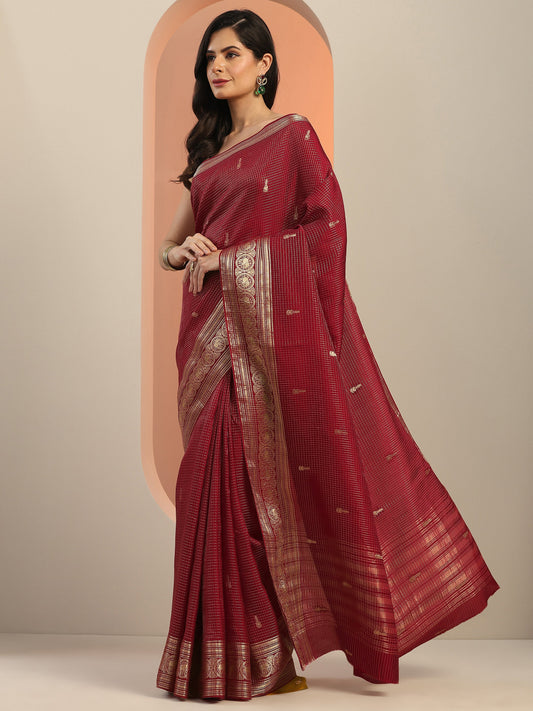 Maroon Woven Design Silk Blend Saree With Unstitched Blouse Piece