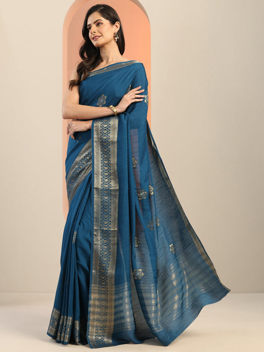 Teal Woven Design Silk Blend Saree With Unstitched Blouse Piece