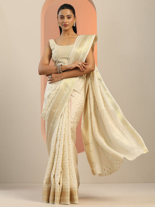 Cream Woven Design Silk Blend Saree With Unstitched Blouse Piece