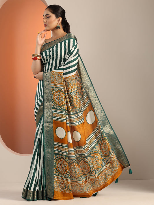 Green Printed Silk Blend Saree With Unstitched Blouse Piece